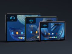 Three Amazon Alexa Tablets in different sizes and colors standing side by side, each showing a blue wallpaper and app icons