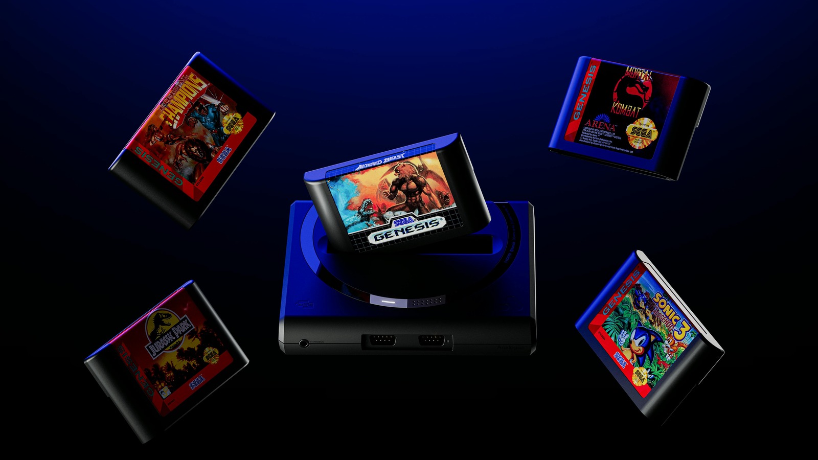 Black Analogue Mega Sg+ FPGA console with Altered Beast and four Sega Genesis cartridges floating above the cartridge slot