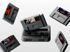 Black Analogue Super Nt+ FPGA console with Chrono Trigger and four Super Nintendo cartridges floating above the cartridge slot