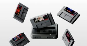 Black Analogue Super Nt+ FPGA console with Chrono Trigger and four Super Nintendo cartridges floating above the cartridge slot