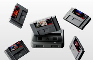 Black Analogue Super Nt+ FPGA console with Chrono Trigger and four Super Nintendo cartridges floating above the cartridge slot