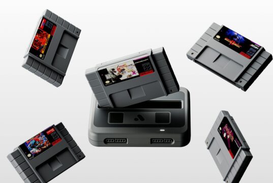 Black Analogue Super Nt+ FPGA console with Chrono Trigger and four Super Nintendo cartridges floating above the cartridge slot