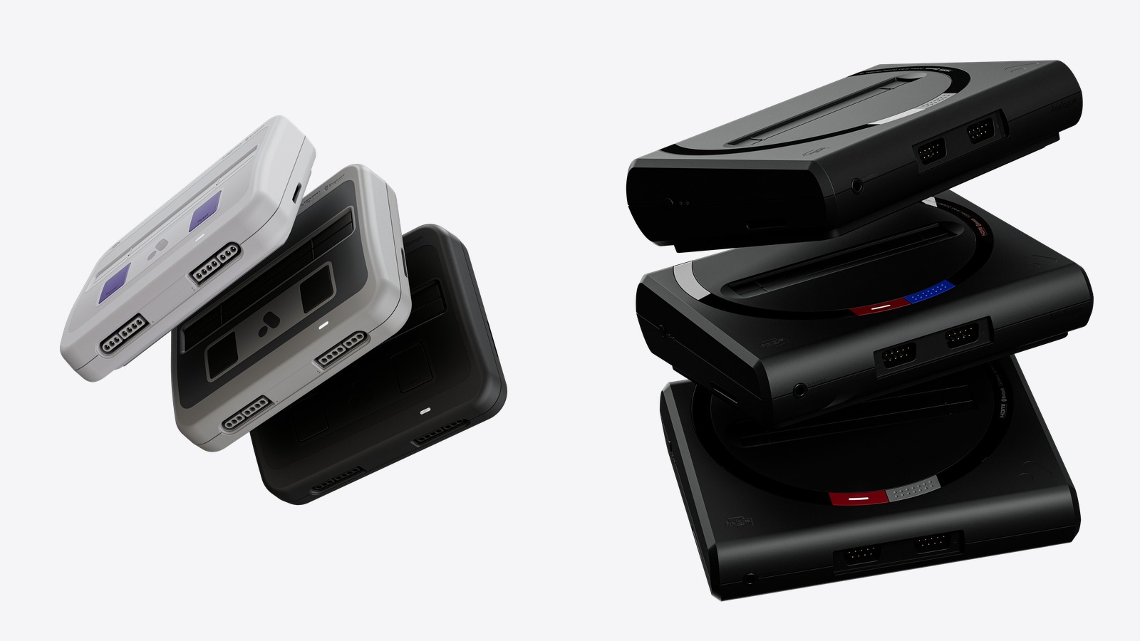 Side-by-side comparison of the three Analogue Super Nt+ color variants and the three Analogue Mega Sg+ regional variants