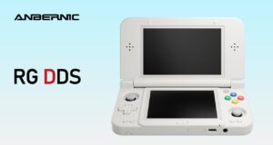 Anbernic RG DDS Is a Dual-Screen Handheld Sized for 3DS Games White Anbernic RG DDS handheld shown open with two dark screens on a light blue background beside the ANBERNIC and RG DDS wordmarks