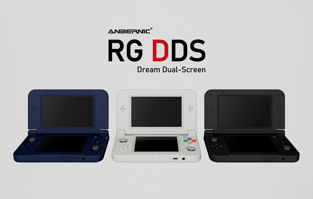 Three Anbernic RG DDS handhelds shown open in blue, white and black finishes under the words RG DDS Dream Dual-Screen