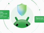 Android mascot beneath a translucent shield, flanked by cards reading Over 5 million suspected scam calls and messages flagged each month and Highest level of built-in scam protection with the Leviathan Security Group logo