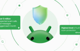 Google Messages Adds Gemini-Powered Enhanced Protection Mode Android mascot beneath a translucent shield, flanked by cards reading Over 5 million suspected scam calls and messages flagged each month and Highest level of built-in scam protection with the Leviathan Security Group logo