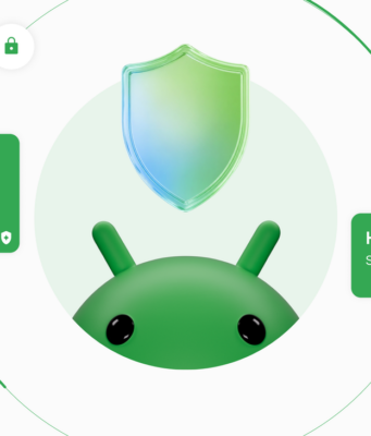 Google Messages Adds Gemini-Powered Enhanced Protection Mode Android mascot beneath a translucent shield, flanked by cards reading Over 5 million suspected scam calls and messages flagged each month and Highest level of built-in scam protection with the Leviathan Security Group logo