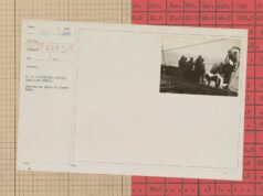 Vintage archival card with a photograph of workers aboard a ship replacing buoys, laid over a beige grid and a red table of numbers