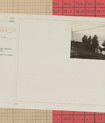 OSS Scanner: Free Checks for Eligible Open-Source Projects Vintage archival card with a photograph of workers aboard a ship replacing buoys, laid over a beige grid and a red table of numbers