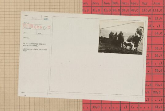 Vintage archival card with a photograph of workers aboard a ship replacing buoys, laid over a beige grid and a red table of numbers