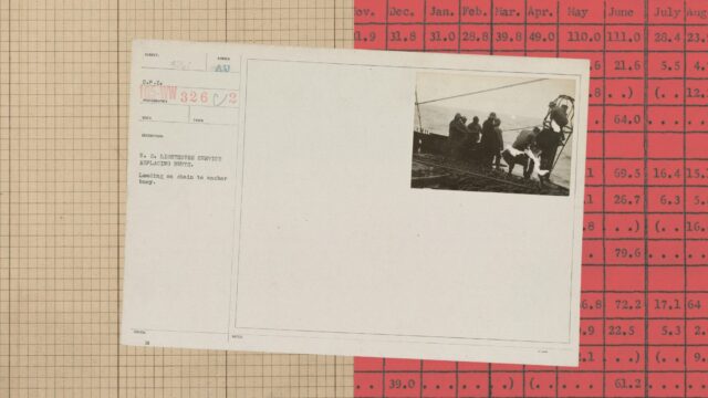 tmm-anthropic-oss-scanner-cyber-mission-hero Vintage archival card with a photograph of workers aboard a ship replacing buoys, laid over a beige grid and a red table of numbers