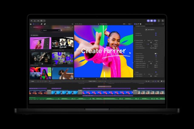 tmm-apple-creator-studio-final-cut-motionvfx-20261027 Apple Creator Studio Final Cut Pro showing MotionVFX tools on a MacBook Pro