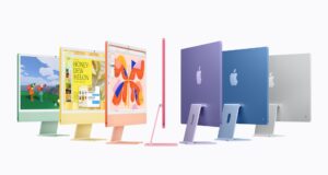 Apple iMac M6 lineup in green, yellow, orange, pink, purple, blue and silver