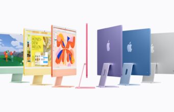 Apple iMac M6 lineup in green, yellow, orange, pink, purple, blue and silver