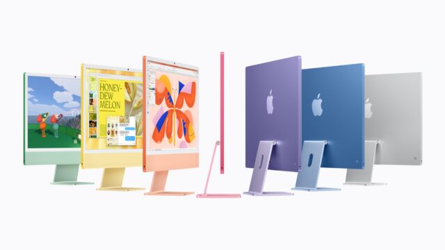 Apple iMac M6 lineup in green, yellow, orange, pink, purple, blue and silver