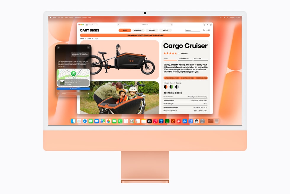 Orange iMac showing Siri AI beside a bicycle product page in Safari
