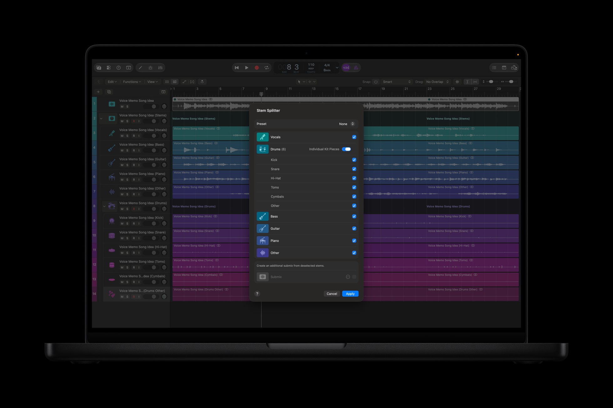 Logic Pro Stem Splitter showing individual drum kit pieces on a MacBook Pro