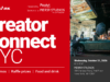Official Creator Connect NYC poster with Redshark, ProArt by ASUS and Pier59 Studios branding, plus a car on a virtual production set