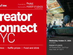 Official Creator Connect NYC poster with Redshark, ProArt by ASUS and Pier59 Studios branding, plus a car on a virtual production set