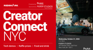 ASUS ProArt at Pier59: Creator PCs and Local AI Official Creator Connect NYC poster with Redshark, ProArt by ASUS and Pier59 Studios branding, plus a car on a virtual production set
