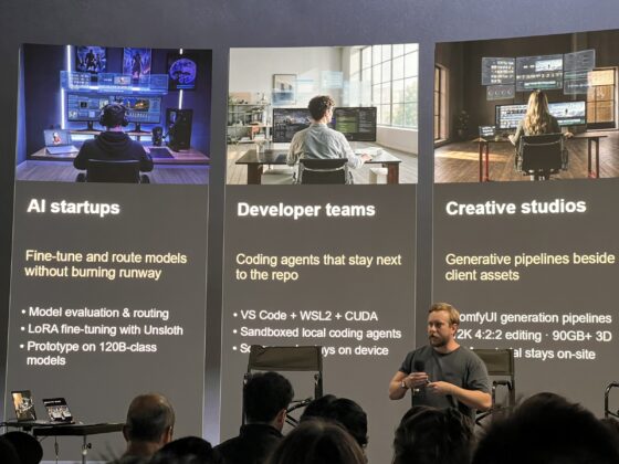 Presenter stands beside a slide listing audiences for local AI workflows