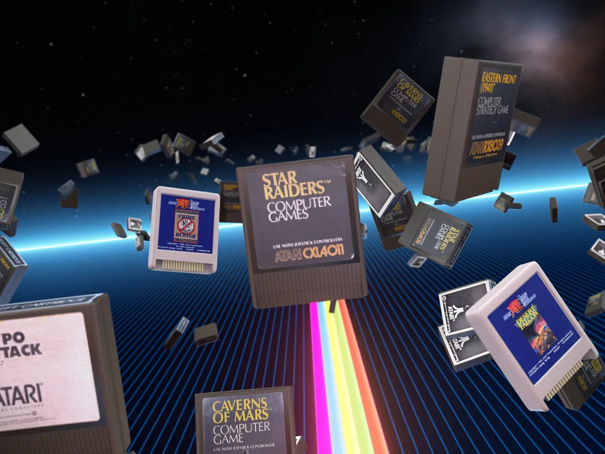 Atari computer cartridges including Star Raiders in an official THE 800XL promotional image