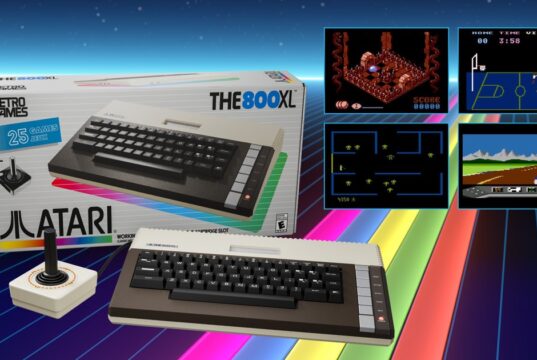 THE 800XL computer, joystick and retail box beside game screenshots in Atari's official image