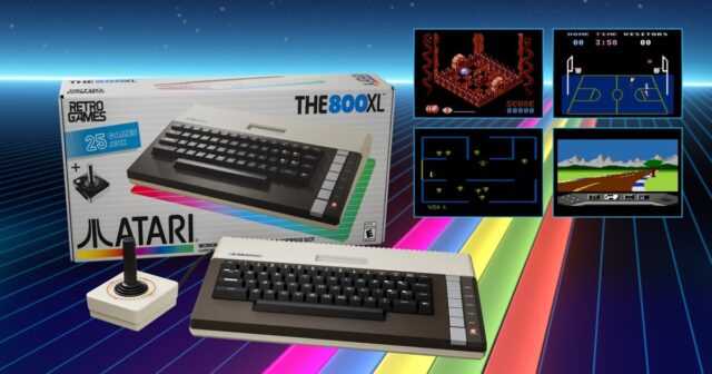 THE 800XL computer, joystick and retail box beside game screenshots in Atari's official image