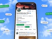 Bluesky announcement artwork: a phone shows a Bluesky profile with green and white link buttons below the bio, floating on a blue sky with clouds
