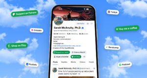 Bluesky Profile Links Arrive Alongside iPad Beta Support Bluesky announcement artwork: a phone shows a Bluesky profile with green and white link buttons below the bio, floating on a blue sky with clouds