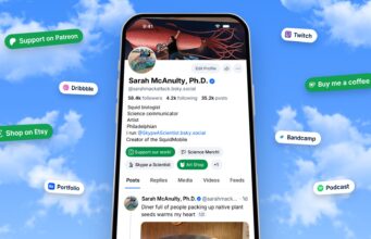 Bluesky Profile Links Arrive Alongside iPad Beta Support Bluesky announcement artwork: a phone shows a Bluesky profile with green and white link buttons below the bio, floating on a blue sky with clouds