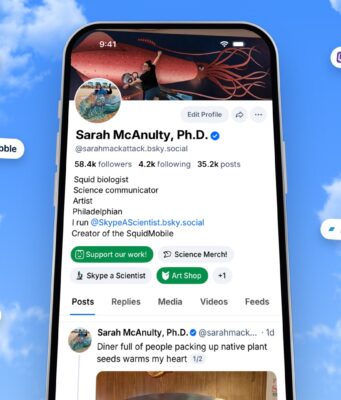 Bluesky Profile Links Arrive Alongside iPad Beta Support Bluesky announcement artwork: a phone shows a Bluesky profile with green and white link buttons below the bio, floating on a blue sky with clouds