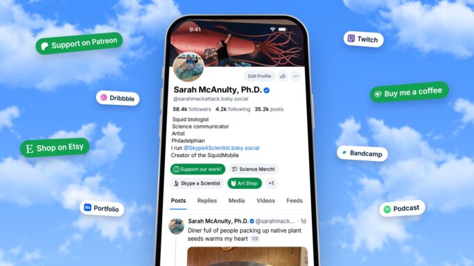 Bluesky Profile Links Arrive Alongside iPad Beta Support Bluesky announcement artwork: a phone shows a Bluesky profile with green and white link buttons below the bio, floating on a blue sky with clouds