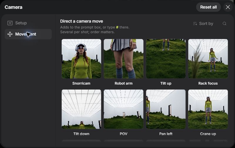 Cinema Studio Camera Movement library with visual previews of camera moves