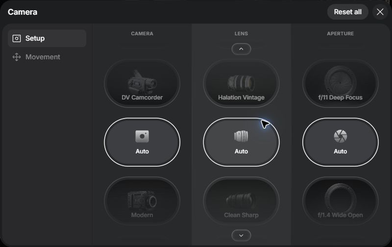 Cinema Studio Camera Setup panel with camera, lens and aperture columns