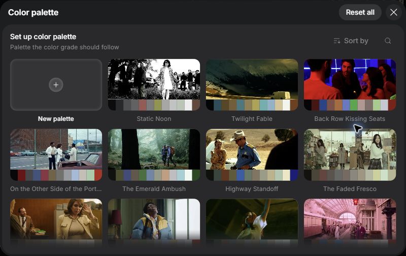 Cinema Studio Color palette gallery showing reference looks and color swatches