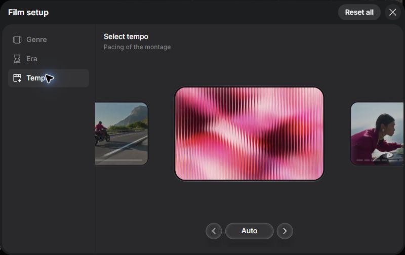 Cinema Studio Tempo tab for choosing the pacing of a montage