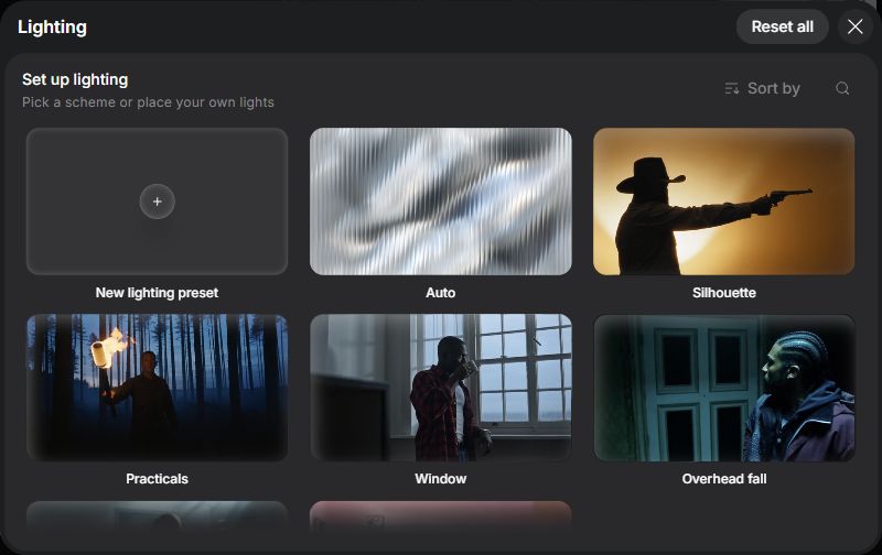 Cinema Studio Lighting panel showing Silhouette, Practicals, Window and Overhead fall previews