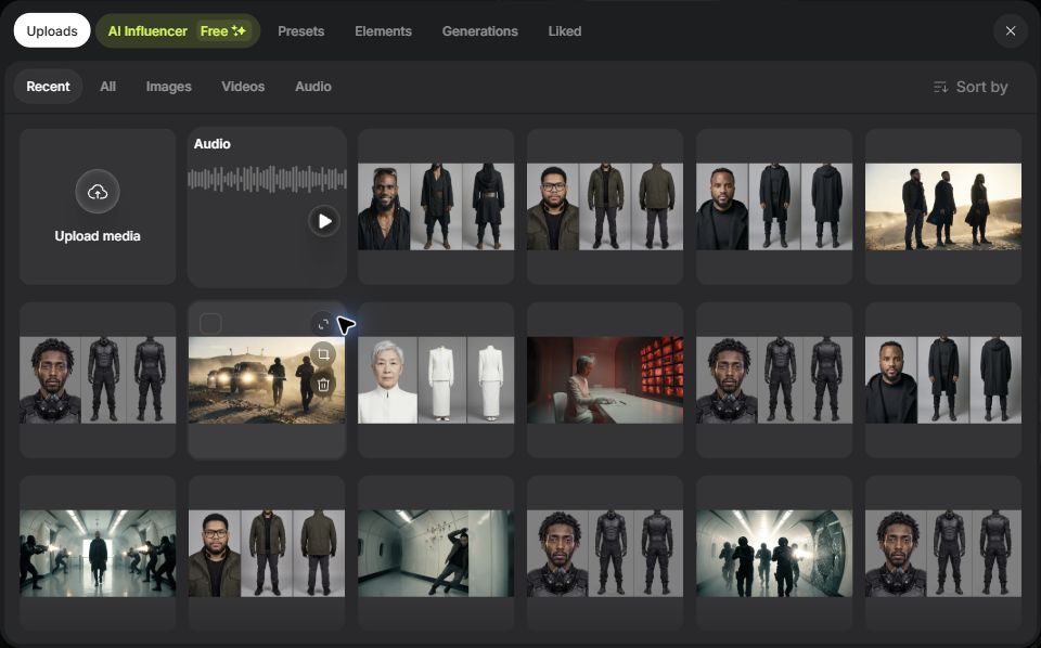 Cinema Studio References picker showing upload filters and reusable character images