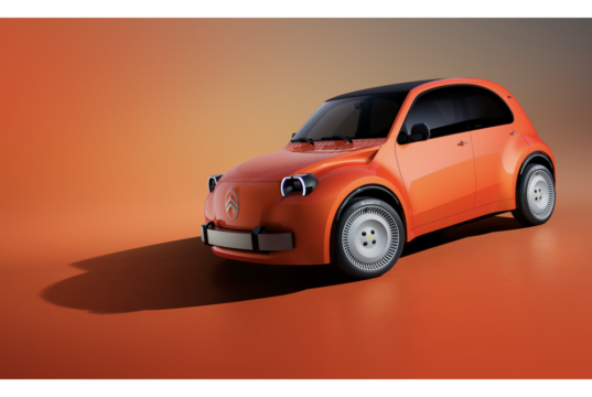 Orange Citroën 2 CV Concept electric concept car shown from the front three-quarter on a studio background
