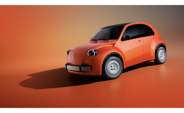 Orange Citroën 2 CV Concept electric concept car shown from the front three-quarter on a studio background