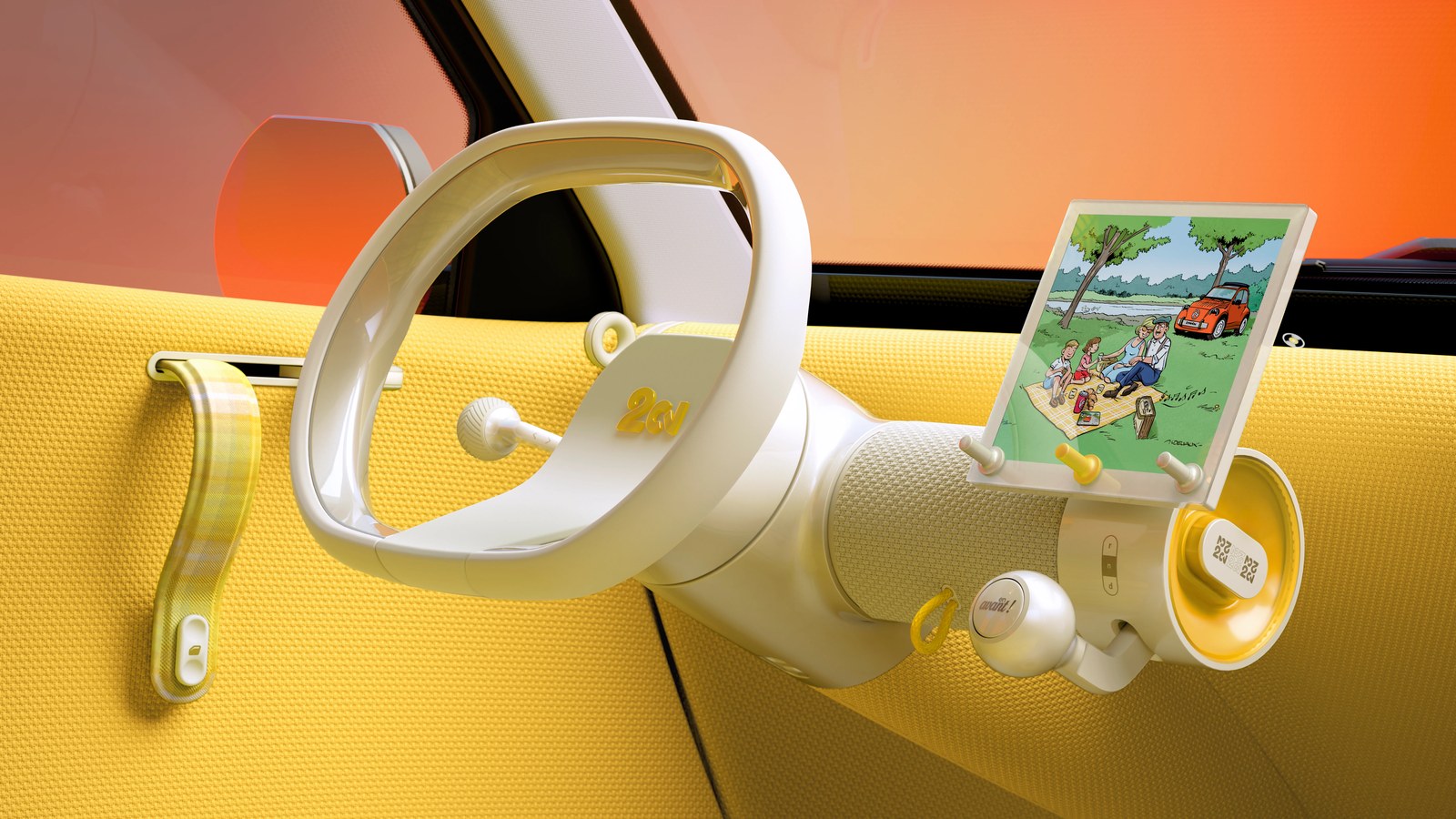 Close view of the 2 CV Concept interior: a white single-spoke steering wheel and a small screen showing a comic illustration, mounted on a yellow textured dashboard