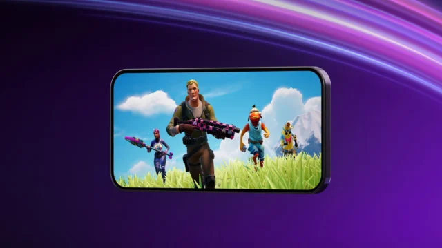 tmm-fortnite-australia-app-store-official Official Fortnite artwork showing four characters on a landscape phone against a purple background