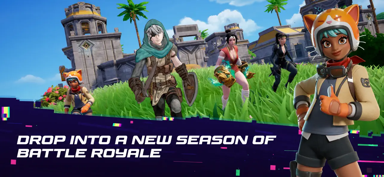 Fortnite App Store promotional screenshot showing five characters near stone buildings and the text Drop into a new season of Battle Royale