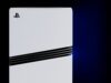 Close-up of the white PS5 Pro console and its black fins