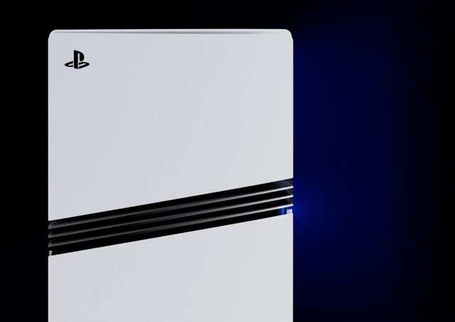 Close-up of the white PS5 Pro console and its black fins