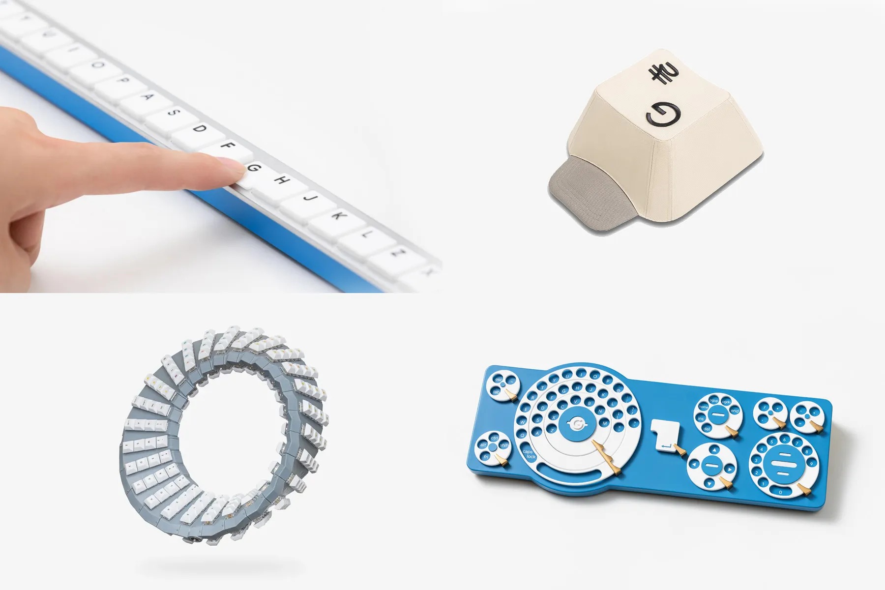 Four-panel collage of earlier Google Japan keyboard stunts: a finger pressing a key on the long blue Gboard bar, a cream keycap-shaped hat, a ring of keycaps, and a blue board with rotary dials