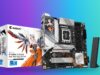 Gigabyte B760M AORUS ARI WIFI6E DDR4 motherboard with its retail box and antenna on a blue-to-green gradient