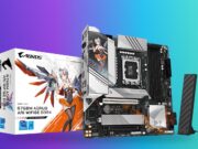 Gigabyte B760M AORUS ARI WIFI6E DDR4 motherboard with its retail box and antenna on a blue-to-green gradient